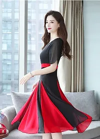 Women's Black Georgette Self Pattern Midi Length Fit and Flare Dress-thumb3