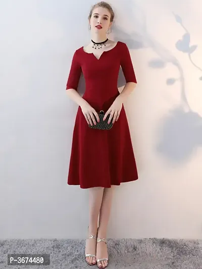 Elegant Red Solid V-Cut Neck Fit and Flare Dress