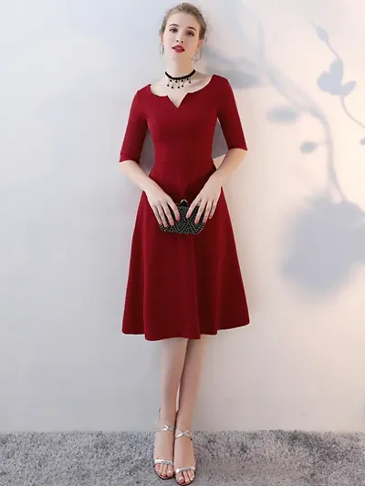 Elegant Solid V-Cut Neck Fit and Flare Dress