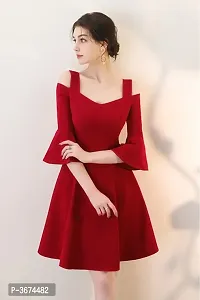 Women Red Bell Sleeve Cold Sholder Hosery Short Dress-thumb1