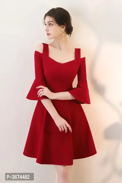 Women Red Bell Sleeve Cold Sholder Hosery Short Dress-thumb2