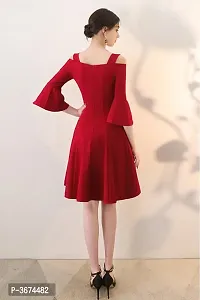 Women Red Bell Sleeve Cold Sholder Hosery Short Dress-thumb3