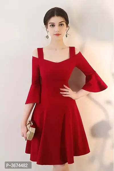 Women Red Bell Sleeve Cold Sholder Hosery Short Dress-thumb0