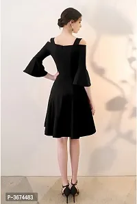 Women Black Bell Sleeve Cold Sholder Hosery Short Dress-thumb3