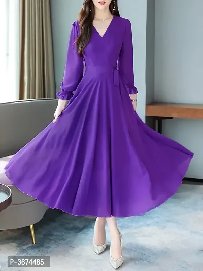 Women Purple V-Neck Long Sleeve Georgette Maxi Dress-thumb2