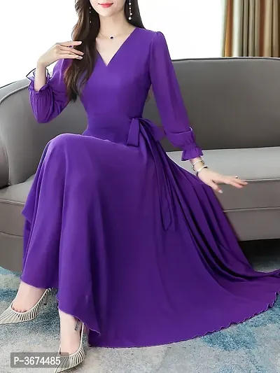 Women Purple V-Neck Long Sleeve Georgette Maxi Dress-thumb0