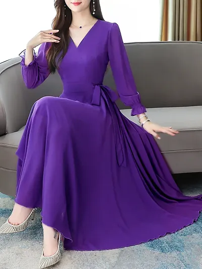 Women V-Neck Long Sleeve Georgette Maxi Dress