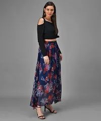 Stylish Cotton Blend Solid Black Single Shoulder Strap Top and Black Georgette Printed Skirt For Women-thumb1