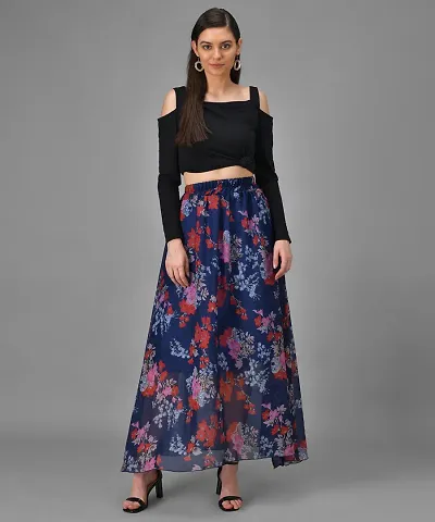 Stylish Cotton Blend Solid Single Shoulder Strap Top and Georgette Printed Skirt For Women