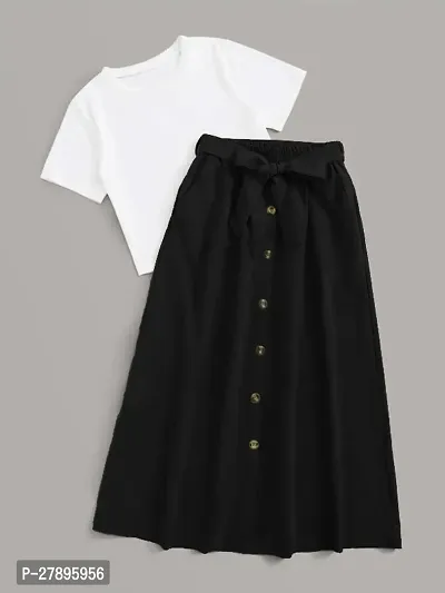 Stylish Cotton Blend Solid White Top and Black Skirt For Women