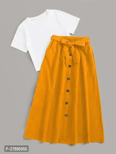 Stylish Cotton Blend Solid White Top and Mustard Skirt For Women-thumb0