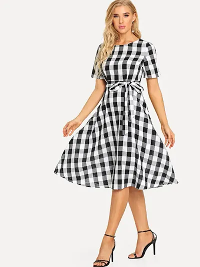 Stylish Fancy Designer Crepe Checked A-Line Dress For Women