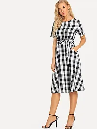 Women Cotton Black White Check Fit and Flare Dress-thumb3