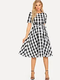 Women Cotton Black White Check Fit and Flare Dress-thumb2