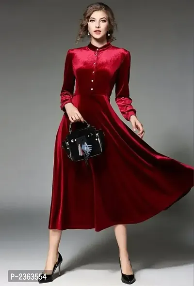 Women Maroon Buttoned Velvet Long Dress-thumb0