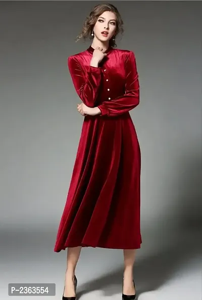 Women Maroon Buttoned Velvet Long Dress-thumb3