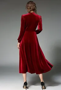 Women Maroon Buttoned Velvet Long Dress-thumb1