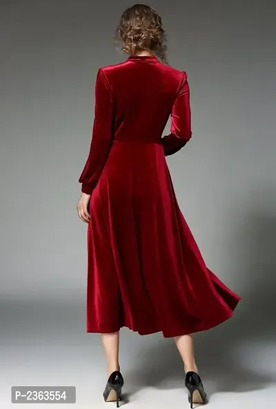 Women Maroon Buttoned Velvet Long Dress-thumb2