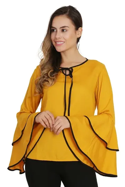 Mustured Piping High Flair Bell Sleeves Top