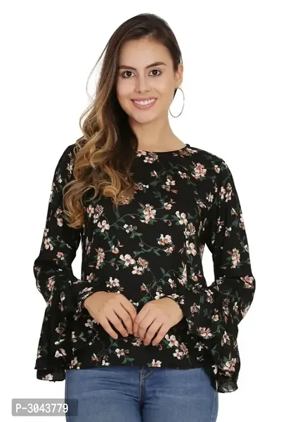 Women Black Floral Printed Bell Sleeves Top-thumb0