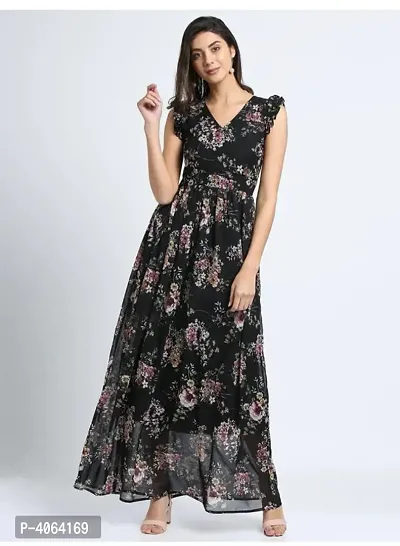 Vivient Women Black Red Flower Printed Georgette Long Dress