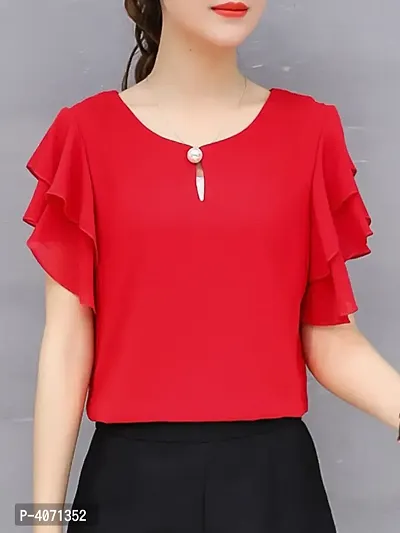 Vivient Women Red Ruffle Sleeve Neck Button Top-thumb0
