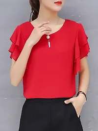 Vivient Women Red Ruffle Sleeve Neck Button Top-thumb2