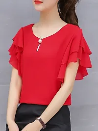 Vivient Women Red Ruffle Sleeve Neck Button Top-thumb3