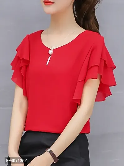 Vivient Women Red Ruffle Sleeve Neck Button Top-thumb4