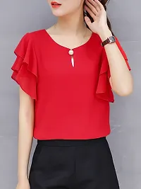 Vivient Women Red Ruffle Sleeve Neck Button Top-thumb1