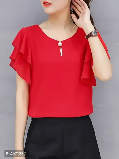 Vivient Women Red Ruffle Sleeve Neck Button Top-thumb2
