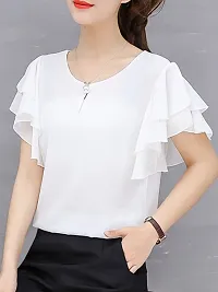 Vivient Women White Ruffle Sleeve Neck Button Top-thumb1