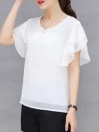 Vivient Women White Ruffle Sleeve Neck Button Top-thumb2