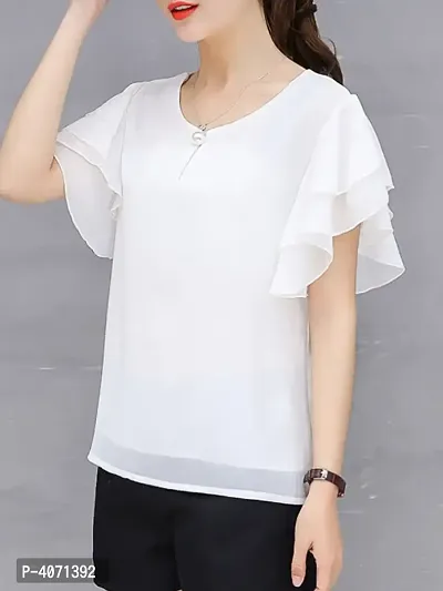 Vivient Women White Ruffle Sleeve Neck Button Top-thumb3