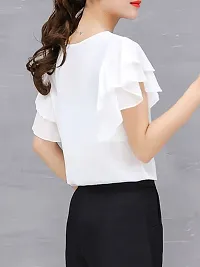 Vivient Women White Ruffle Sleeve Neck Button Top-thumb3