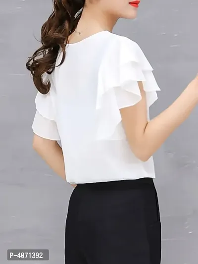 Vivient Women White Ruffle Sleeve Neck Button Top-thumb4