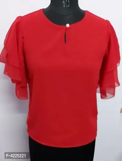 Vivient Women Red Ruffle Sleeve Neck Button Top-thumb0