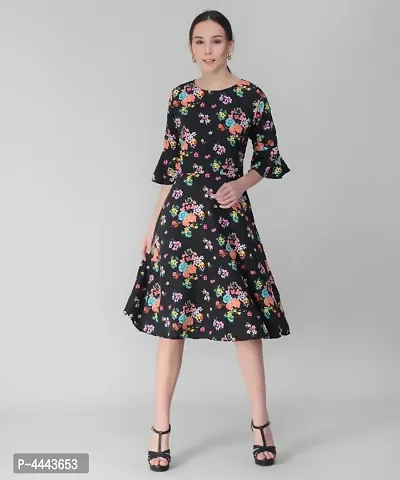 Vivient Women Black High Floral Printed Midi Dress-thumb0