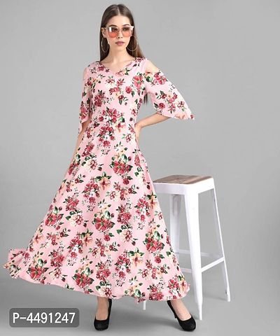 Vivient Women Peach Base Floral Printed Crepe Maxi Dress