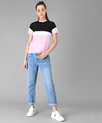 Vivient Women Black White Pink Colour Block T-shirt-thumb2