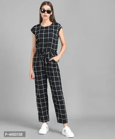 Women Black Check Front Knot Printed Jumpsuits