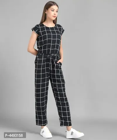 Women Black Check Front Knot Printed Jumpsuits-thumb4