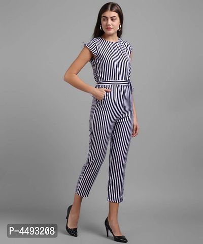 Vivient Women Nevy Blue Small Stripe Printed Front Knot Jumpsuits-thumb0