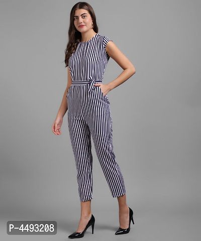 Vivient Women Nevy Blue Small Stripe Printed Front Knot Jumpsuits-thumb2