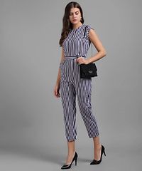 Vivient Women Nevy Blue Small Stripe Printed Front Knot Jumpsuits-thumb2