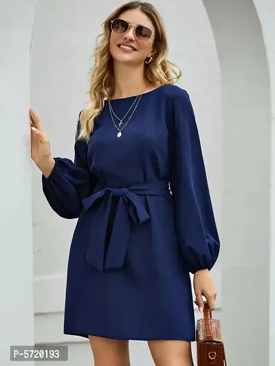 Vivient Women Elegant Dark Blue Elastic Sleeve Crepe Short Dress