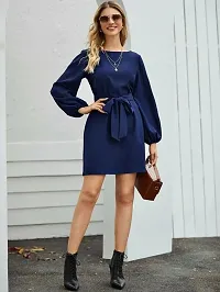 Vivient Women Elegant Dark Blue Elastic Sleeve Crepe Short Dress-thumb2