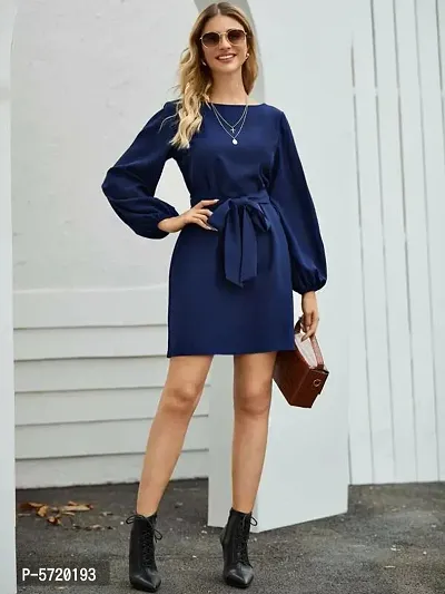 Vivient Women Elegant Dark Blue Elastic Sleeve Crepe Short Dress-thumb3