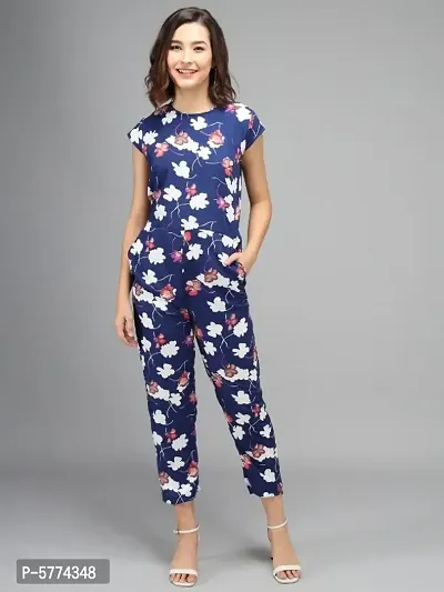 Women Navy Blue Color White Flower Printed Jumpsuit-thumb0