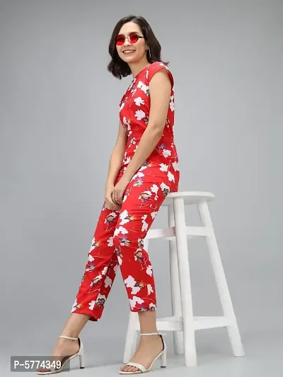 Women Red Color White Flower Printed Jumpsuit-thumb2